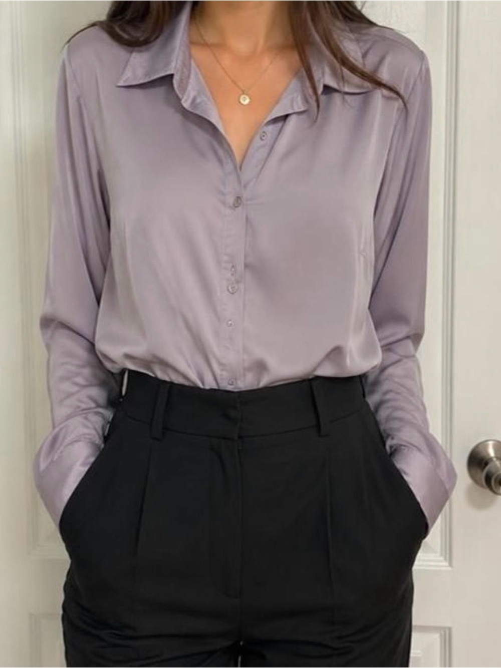 Fashion Nova Lavender Satin Button-Down Shirt